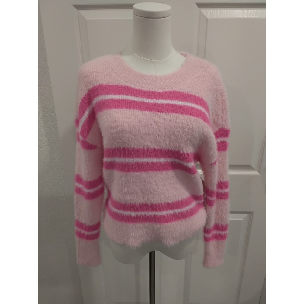 No Boundaries Pink White Stripe Fuzzy Knit Sweater Juniors S